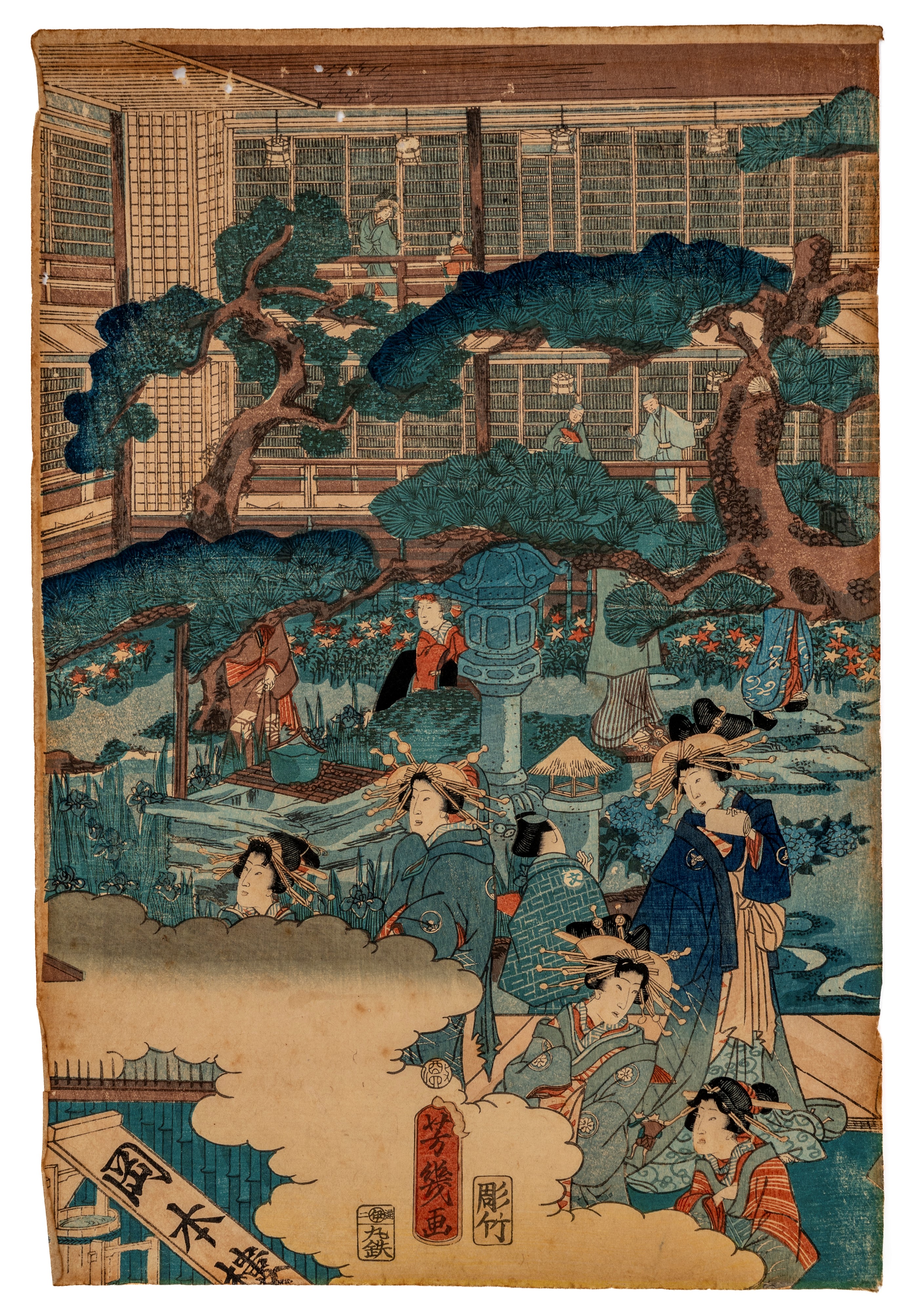 Giappone, Trittico di xilografie, periodo Edo tardivo / Meiji, metà XIX secolo, Ōban verticale cm...