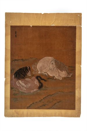 Dipinto su tela raffigurante due cavalli accovacciati, nello stile di Zhao Mengfu. Cina, secolo XVIII/XIX