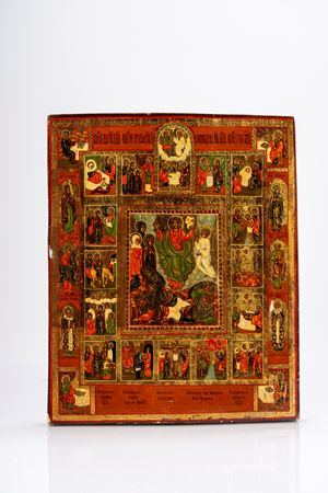 Tempera and gold leaf on panel icon depicting the Resurrection of Christ and the Sixteen Feasts. Russia, late 19th century