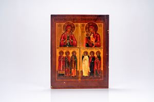 Icona quadripartita su tavola raffigurante la Madre di Dio dell’Addolcimento dei Cuori, la Madonna “Rasserenatrice dei mali”, san Dionisio, san Severio il Nuovo, Samona il Nuovo, san Michele Arcangelo, san Gabriele e san Pietro apostolo. Russia, fine XIX secolo