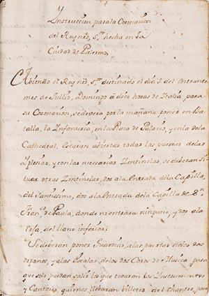 Instruccion para la Coronazion del Reynio, S.or hecha en la Ciudad de Palermo