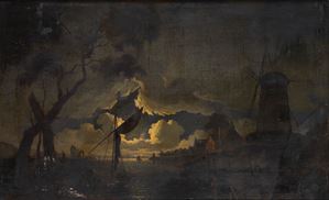 Paesaggio fluviale al chiaro di luna con velieri, mulino e pescatori