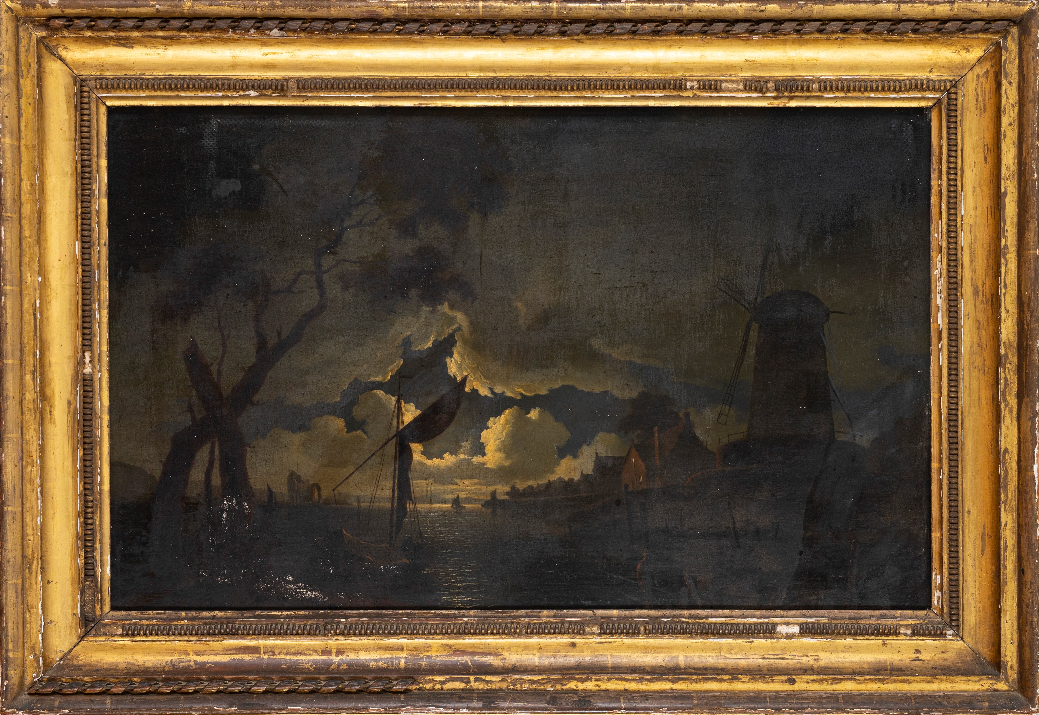 Paesaggio fluviale al chiaro di luna con velieri, mulino e pescatori