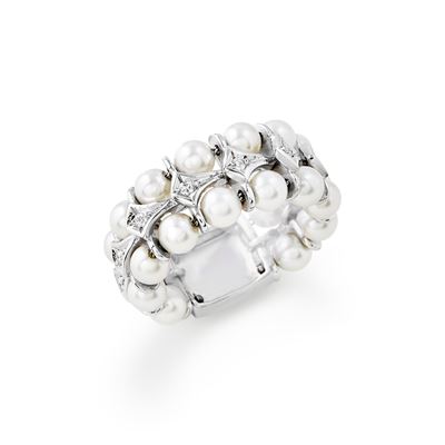 Anello con perle coltivate e diamanti in oro bianco 18k
