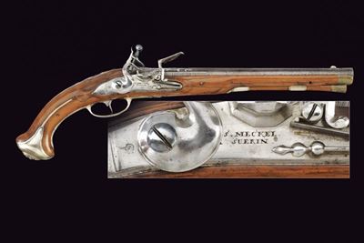 Interessante Pistola a Pietra Focaia di J. S. Meckel con Fornimenti in Argento