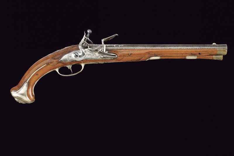 Interessante Pistola a Pietra Focaia di J. S. Meckel con Fornimenti in Argento