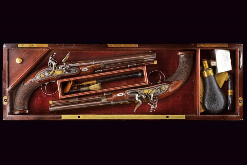 Bellissimo Paio di Pistole a Pietra Focaia Elaborate in Stile Inglese, Firmate Vsevolod