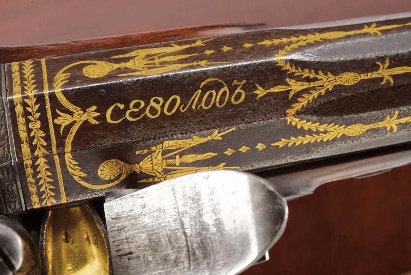 Bellissimo Paio di Pistole a Pietra Focaia Elaborate in Stile Inglese, Firmate Vsevolod