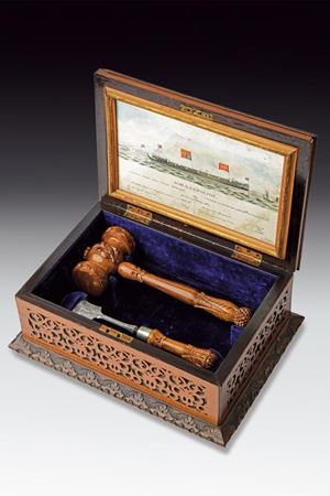 A beautiful case containing the launching mallet and chisel for H.M.S. Caroline