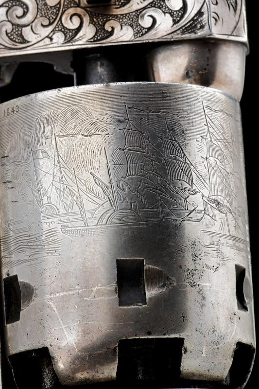 Importante paio di Colt Model 1851 Navy con incisioni di fabbrica stile Gustave Young, in cassett...