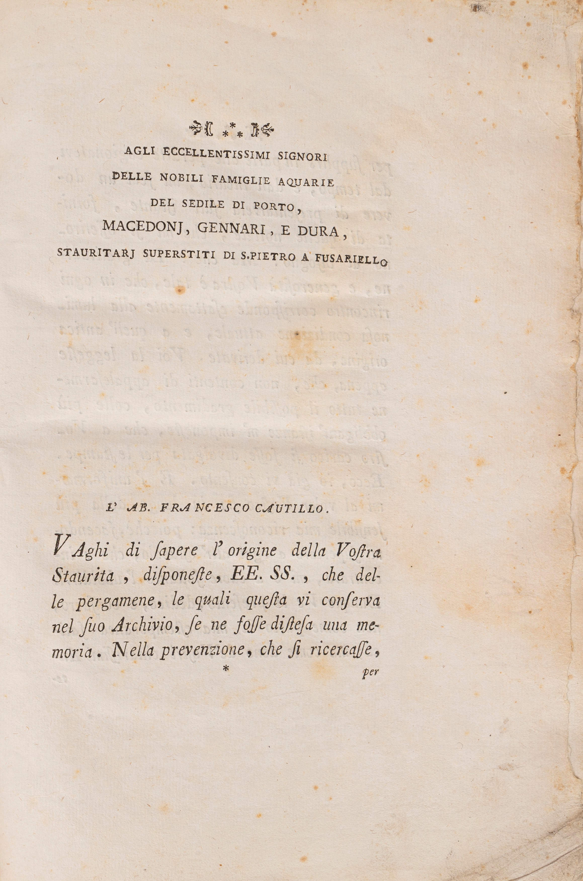 Dissertazione della staurita di S. Pietro a Fusarello delle sei nobili famiglie Aquarie