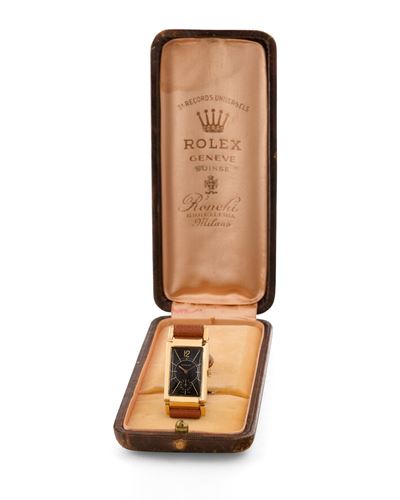 Cassa rettangolare in oro 18k con quadrante nero lucido, anni '30