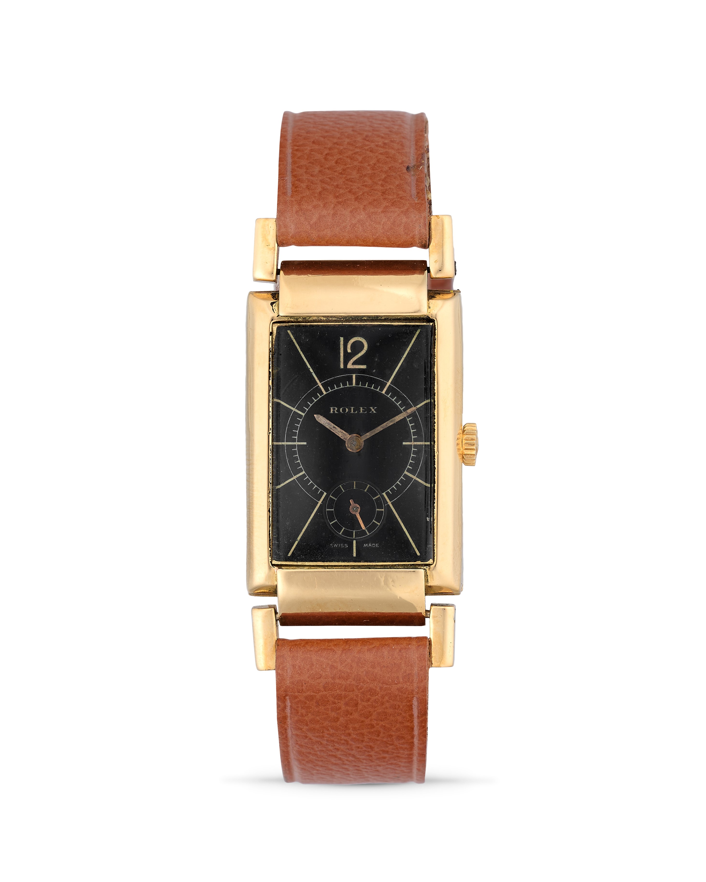 Rolex - Cassa rettangolare in oro 18k con quadrante nero lucido, anni '30