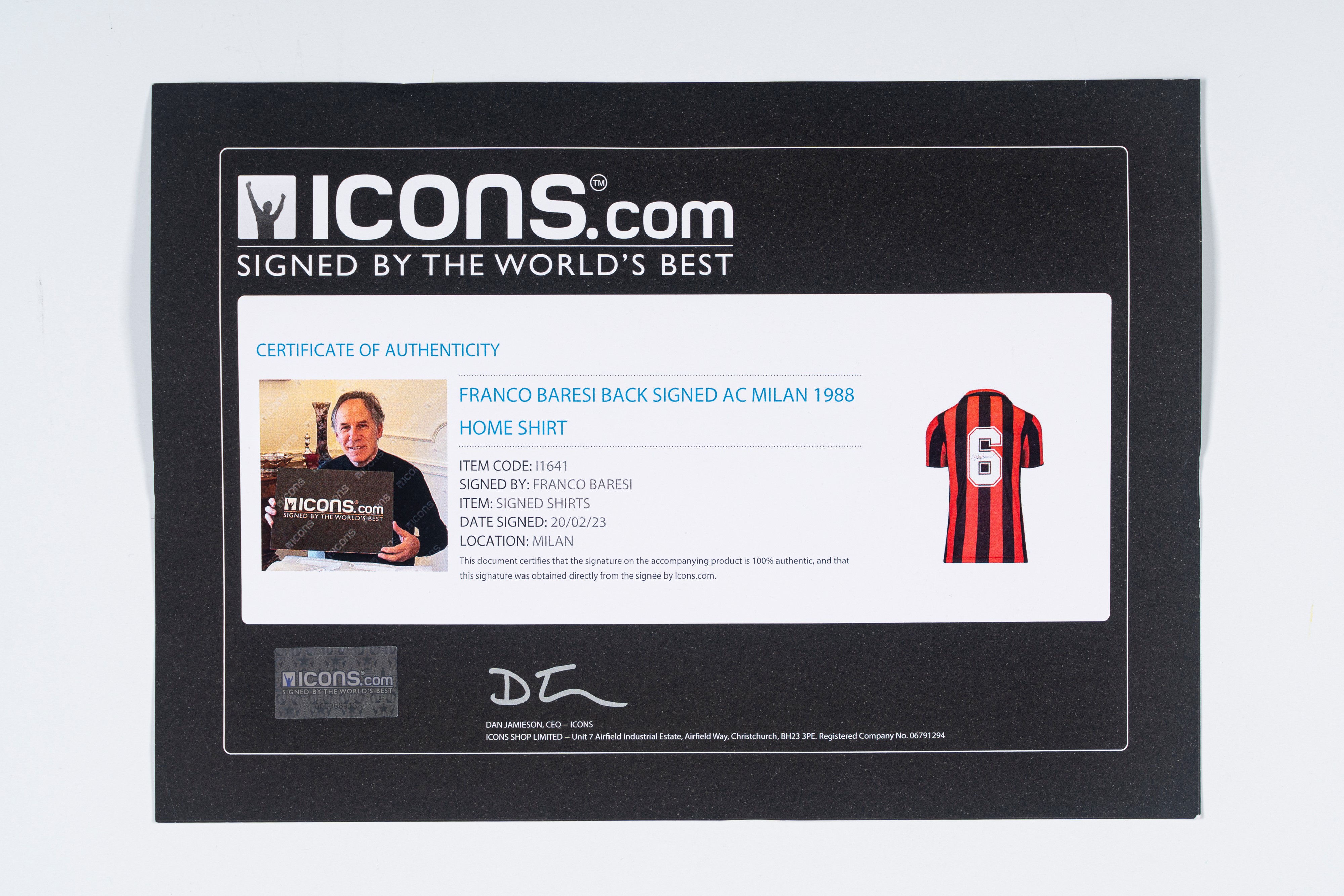 Franco Baresi – Milan – Maglietta Autografata – Cert. Icons