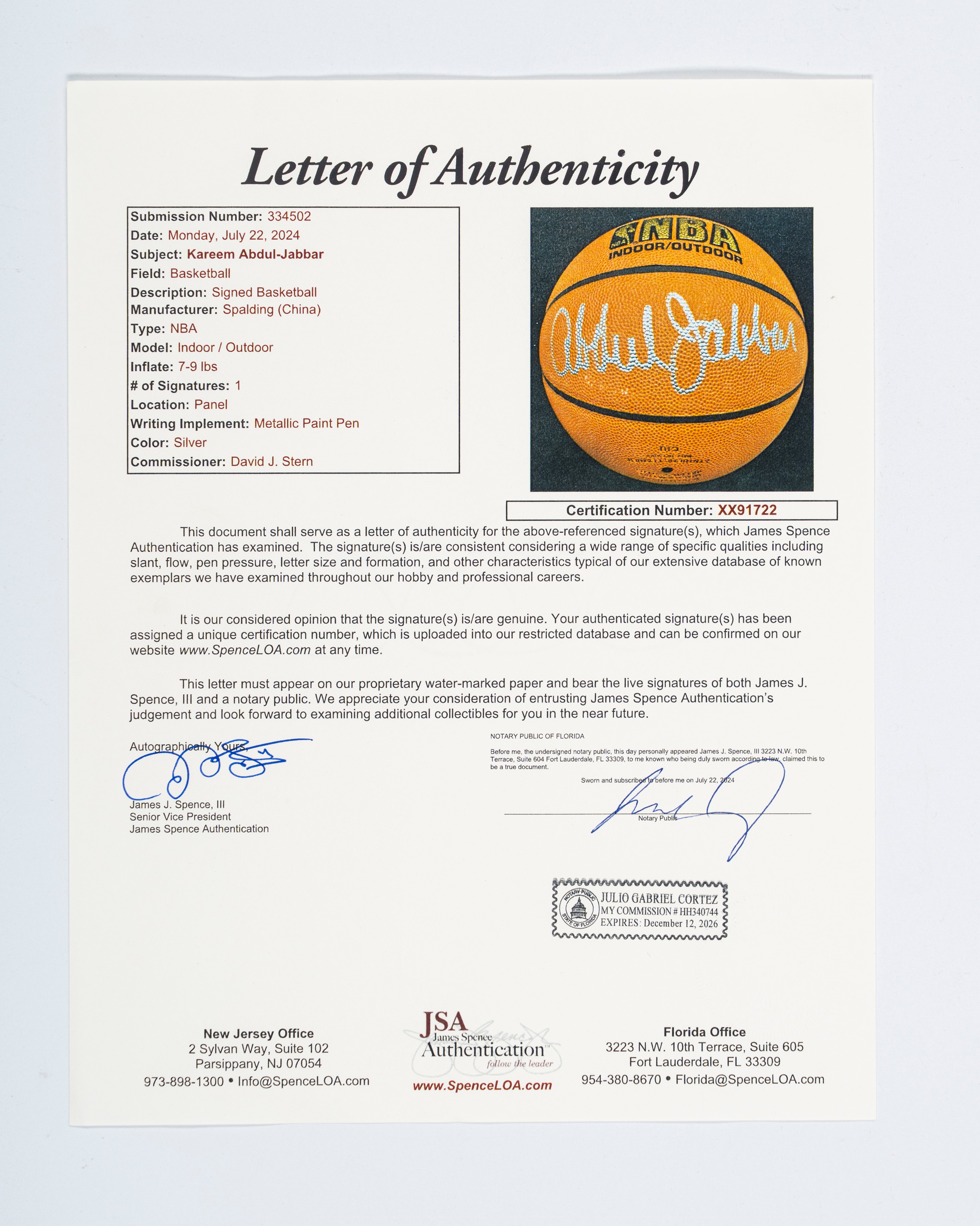 Kareem Abdul-jabbar – Palla da Basket Autografata – Cert. Jsa