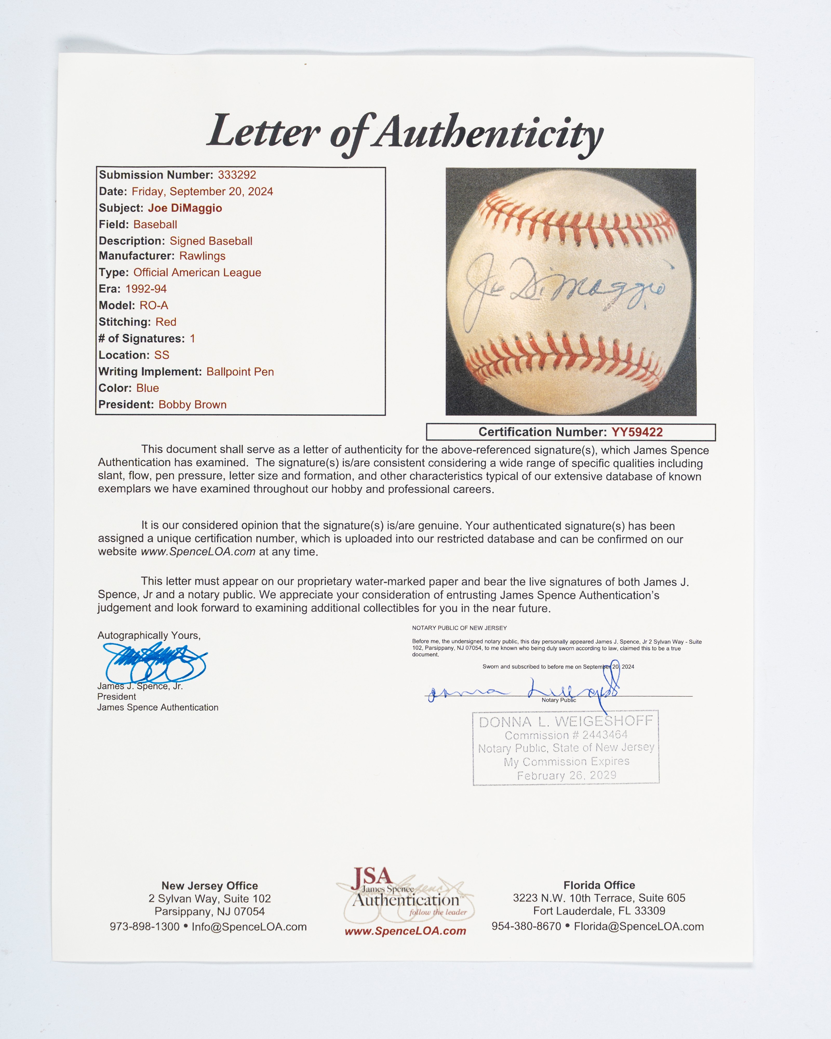 Joe Dimaggio – Palla da Baseball Autografata - New York Yankees - Cert. Jsa