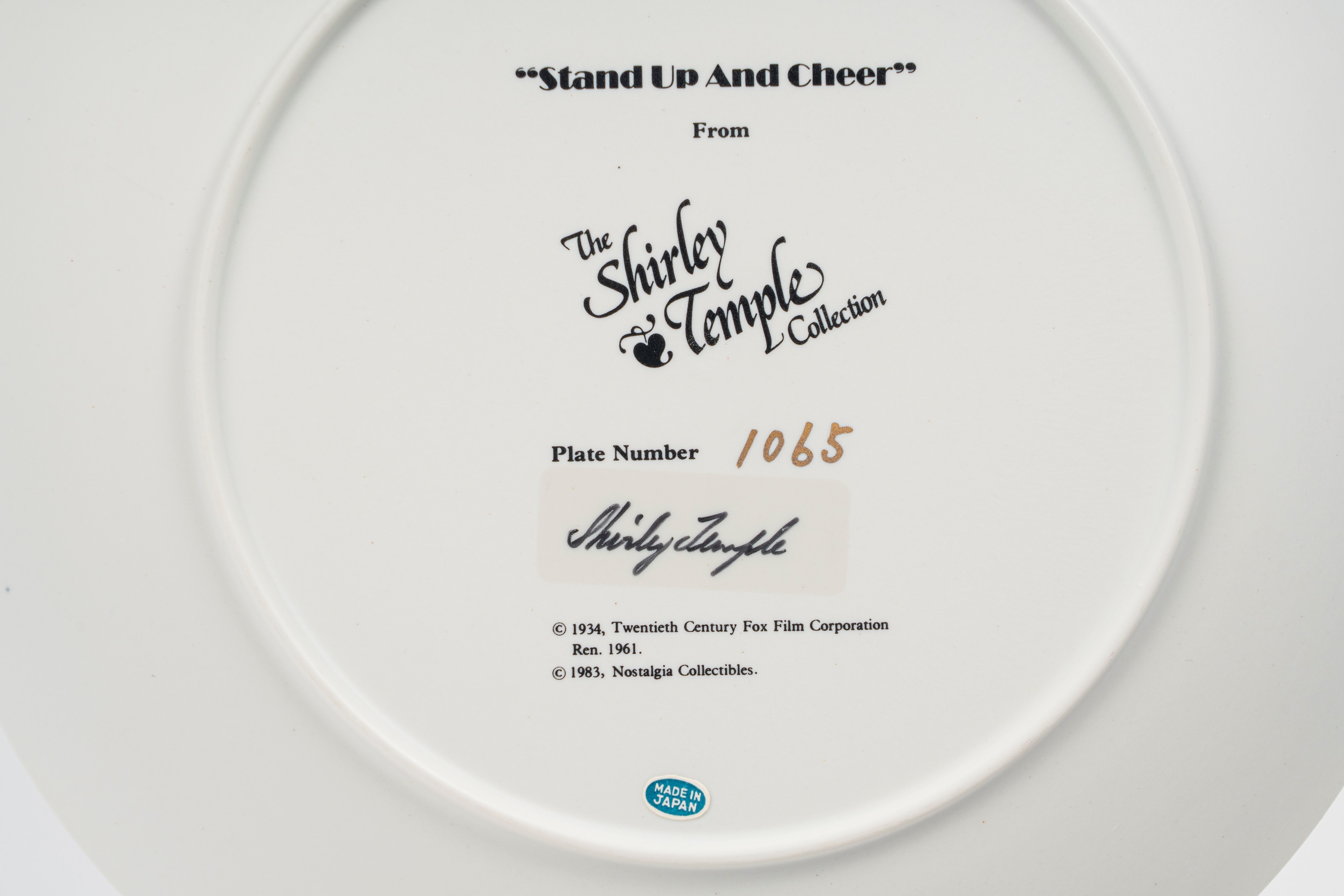 Shirley Temple – Piatto in Porcellana Autografato – Ed.limitata Numerata – 1983 - “stand Up And C...