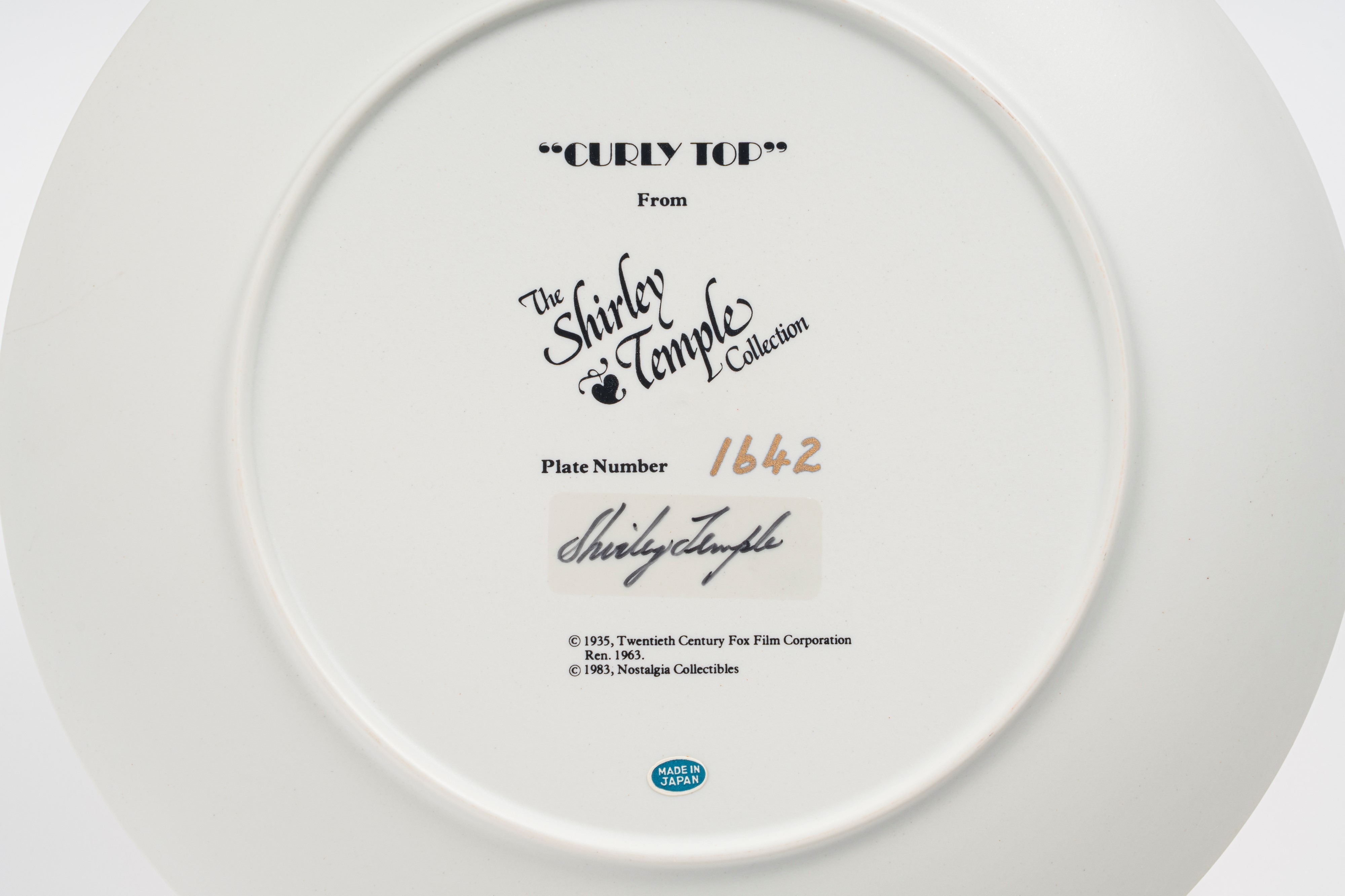 Shirley Temple – Piatto in Porcellana Autografato – Ed.limitata Numerata – 1983 - "curly Top"