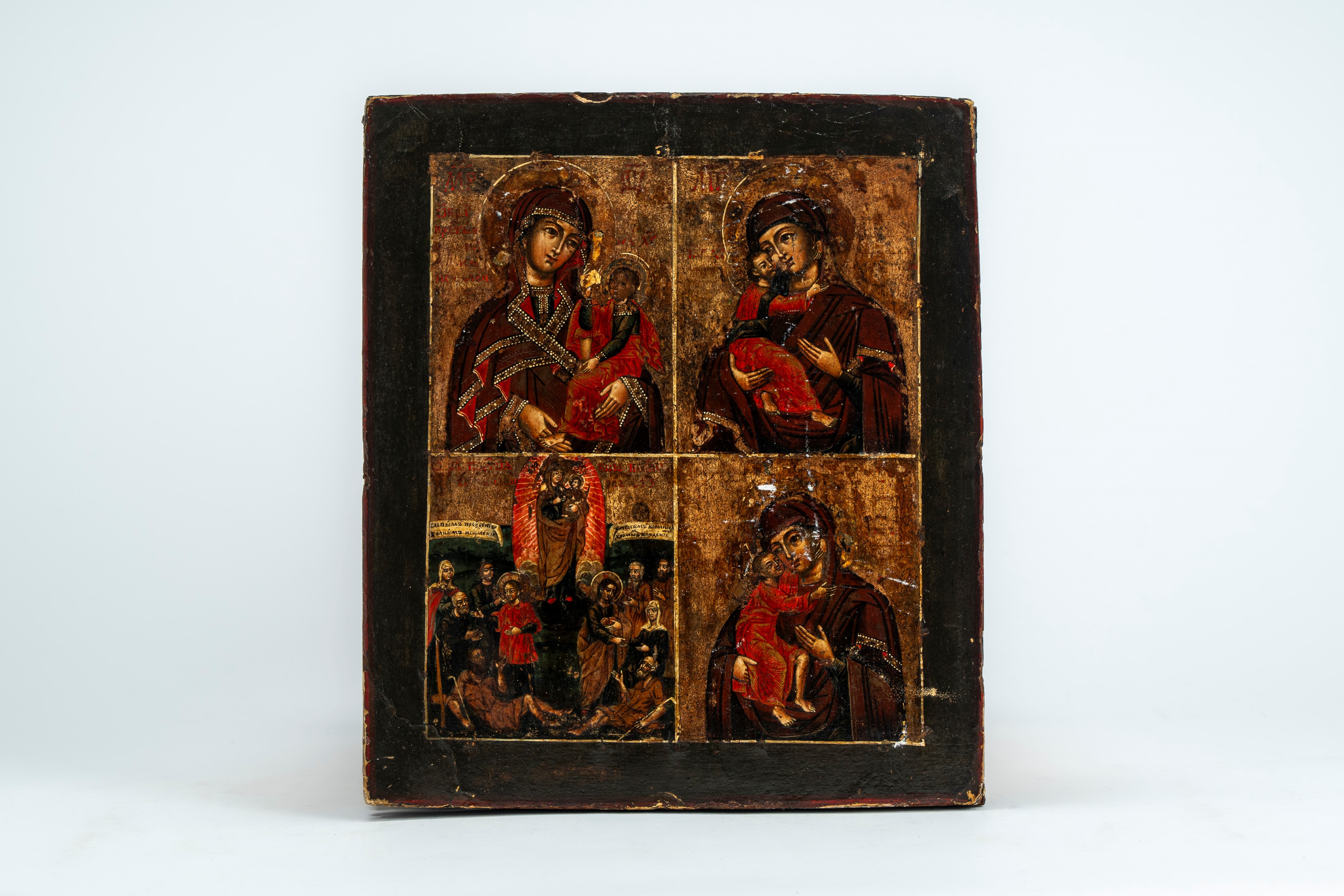 Icone religiose, Quattro icone su tavola: stauroteca, Madonna di Kazan, mariana quadripartita e a...