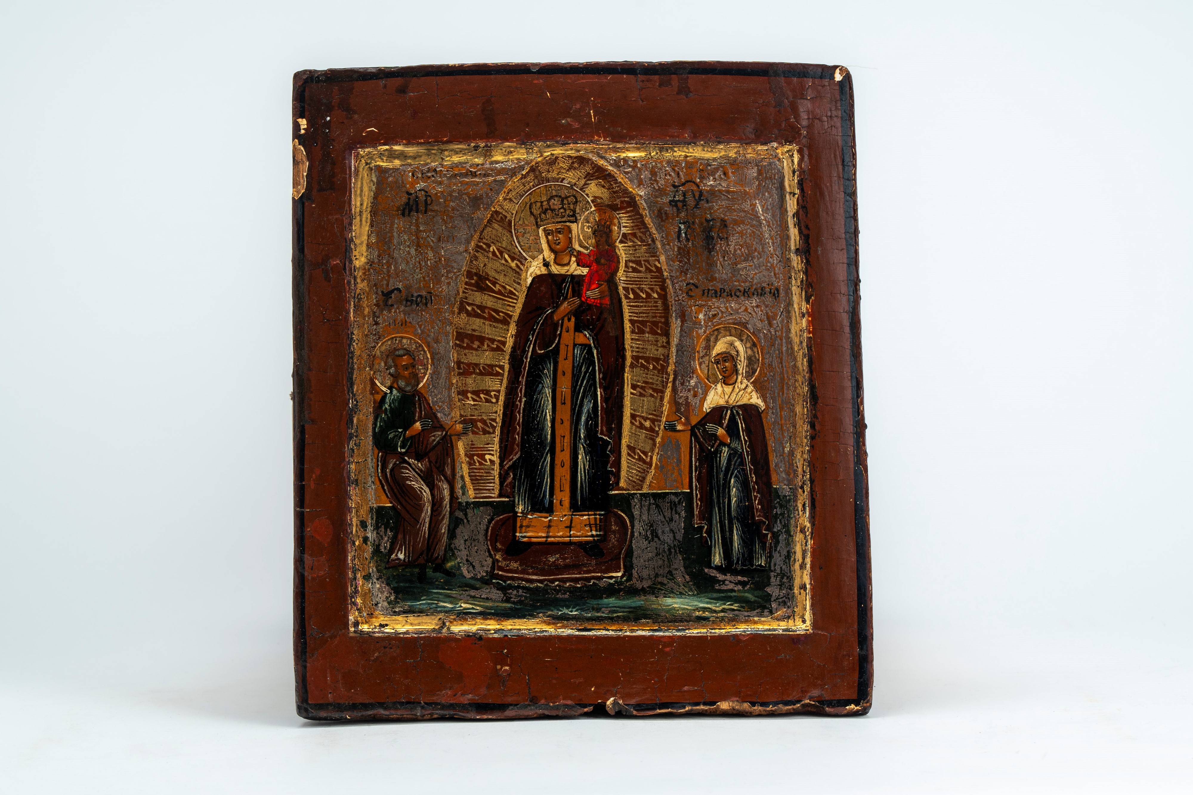 Icone religiose, Quattro icone su tavola: stauroteca, Madonna di Kazan, mariana quadripartita e a...