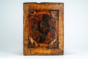 Tre icone su tavola: una raffigurante la Madonna del Roveto Ardente, una mariana quadripartita e una con i tre santi martiri. Russia, fine XIX secolo