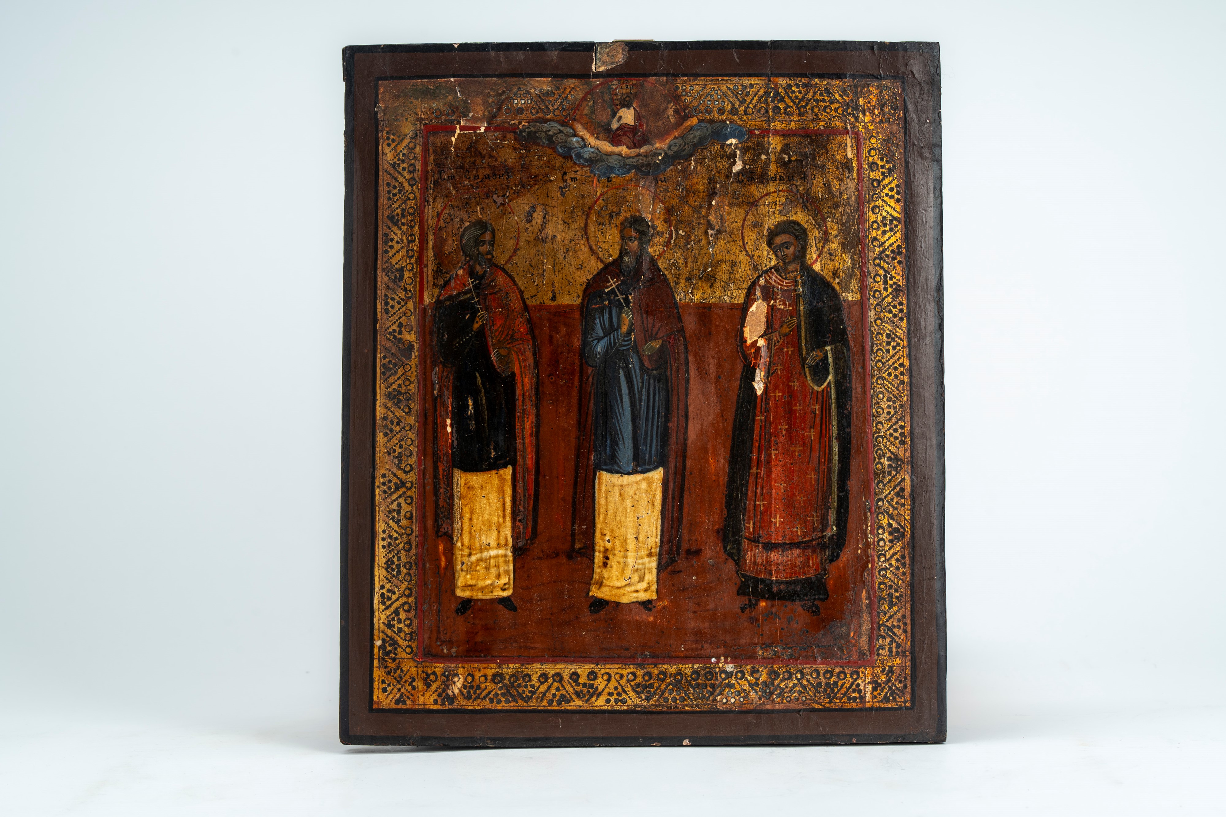 Tre icone su tavola: una raffigurante la Madonna del Roveto Ardente, una mariana quadripartita e ...