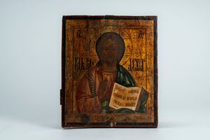 Quattro icone su tavola raffiguranti Cristo Pantocratore, la Madre di Dio Orante, la Madre di Dio della Radice di Kursk e i santi apostoli Pietro e Paolo. Russia, fine XIX – XX secolo