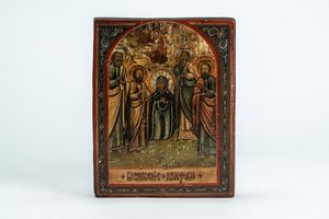 Quattro icone su tavola raffiguranti la Trasfigurazione di Cristo, la Madre di Dio “Gioia di tutti gli afflitti”, una mariana quadripartita e la Madre di Dio dei Sette Dolori. Russia, fine XIX secolo