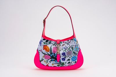 Borsa Jackie, Tessuto stampa Flora con profili in pelle di cinghiale color rosa fluo