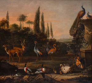 Paesaggio con cervi e volatili