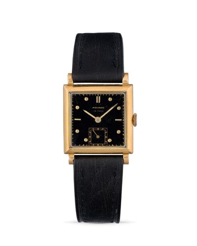 Orologio da polso in oro 18k, Cassa quadrata con quadrante nero, anni '40