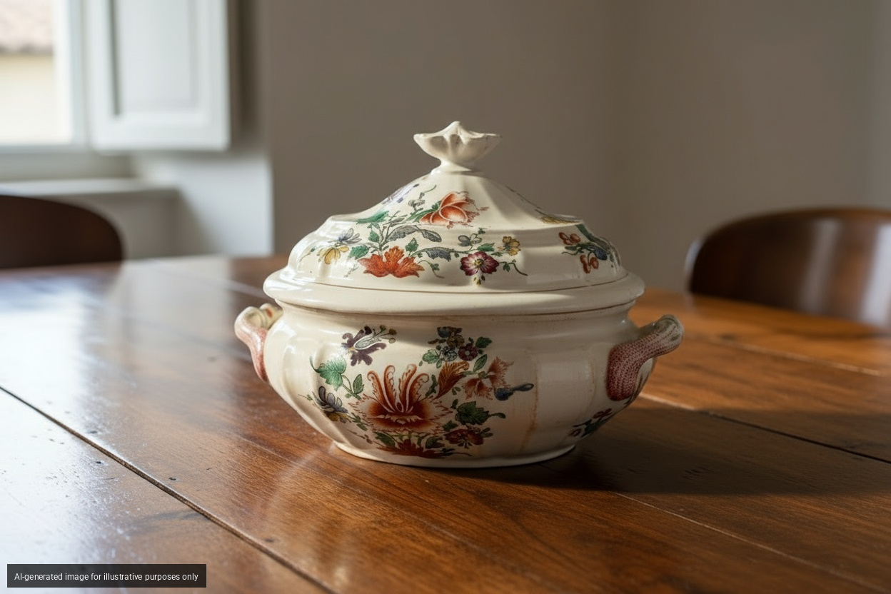 Zuppiera biansata con coperchio in porcellana bianca con decoro policromo “al tulipano”. Manifatt...