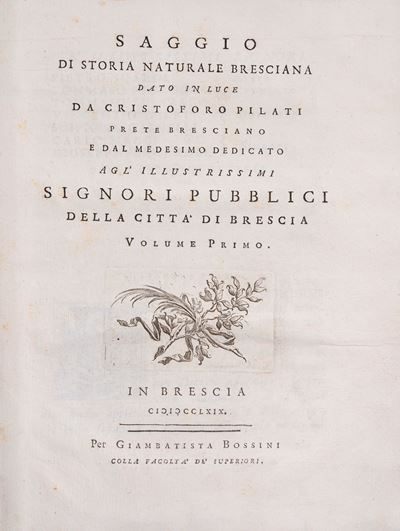 Saggio di storia naturale bresciana, 1769, primo volume con tavola incisa