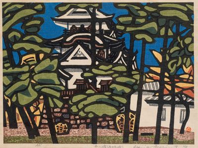 Pagoda tra gli alberi, xilografia a colori