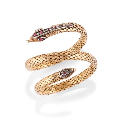 Bracciale a serpente in oro giallo 18k e argento con rubini e diamanti