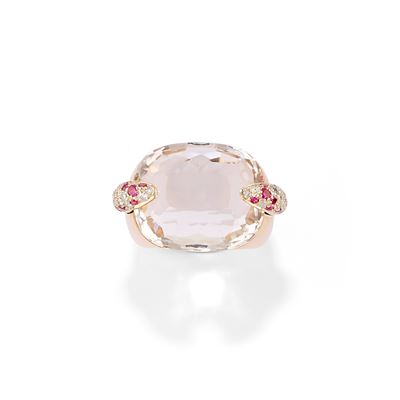 Anello collezione Pin Up, oro rosa 18k con cristallo di rocca, rubini e diamanti