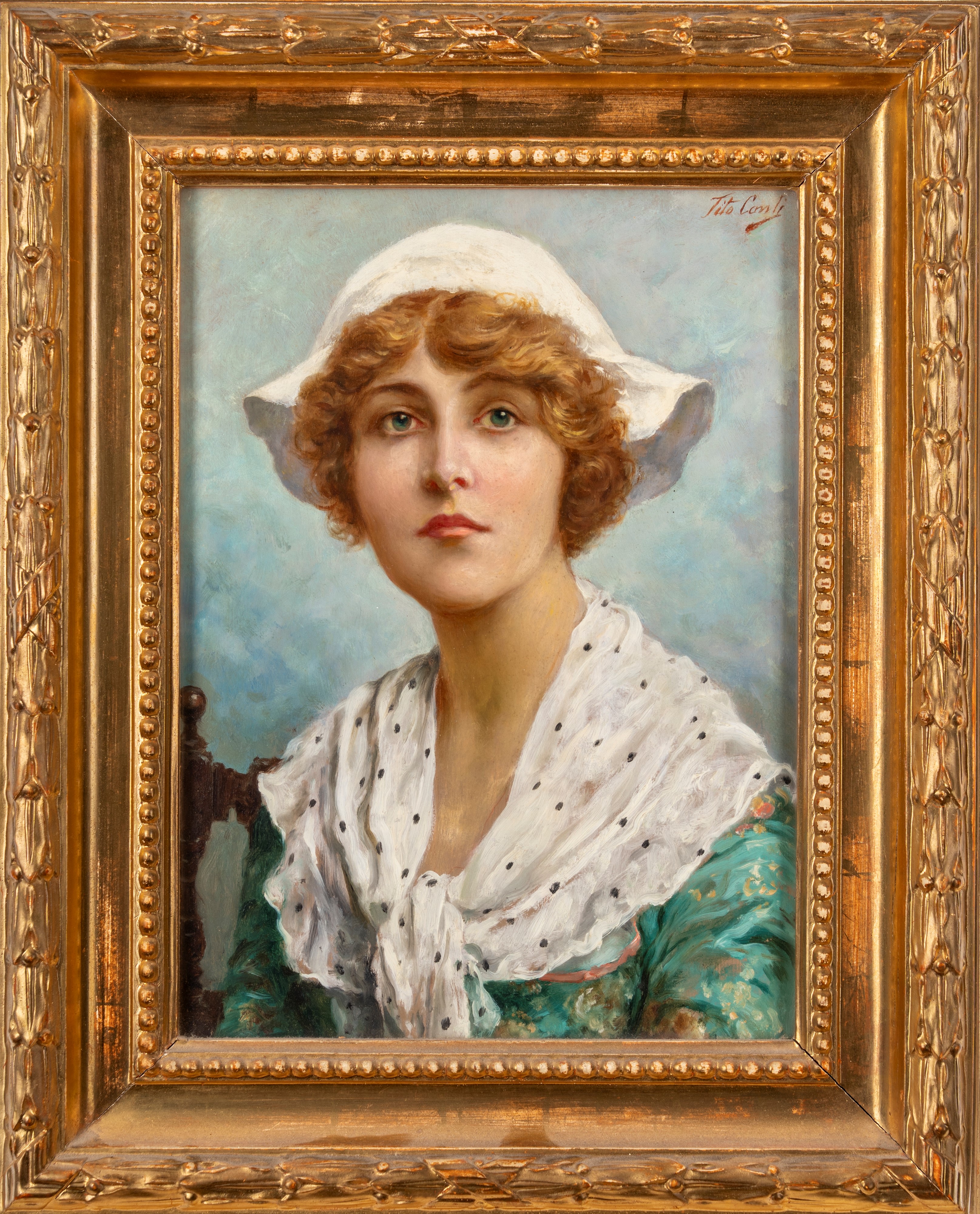 Tito Conti - Ritratto di Giovane Donna con Cappello Bianco e Foulard