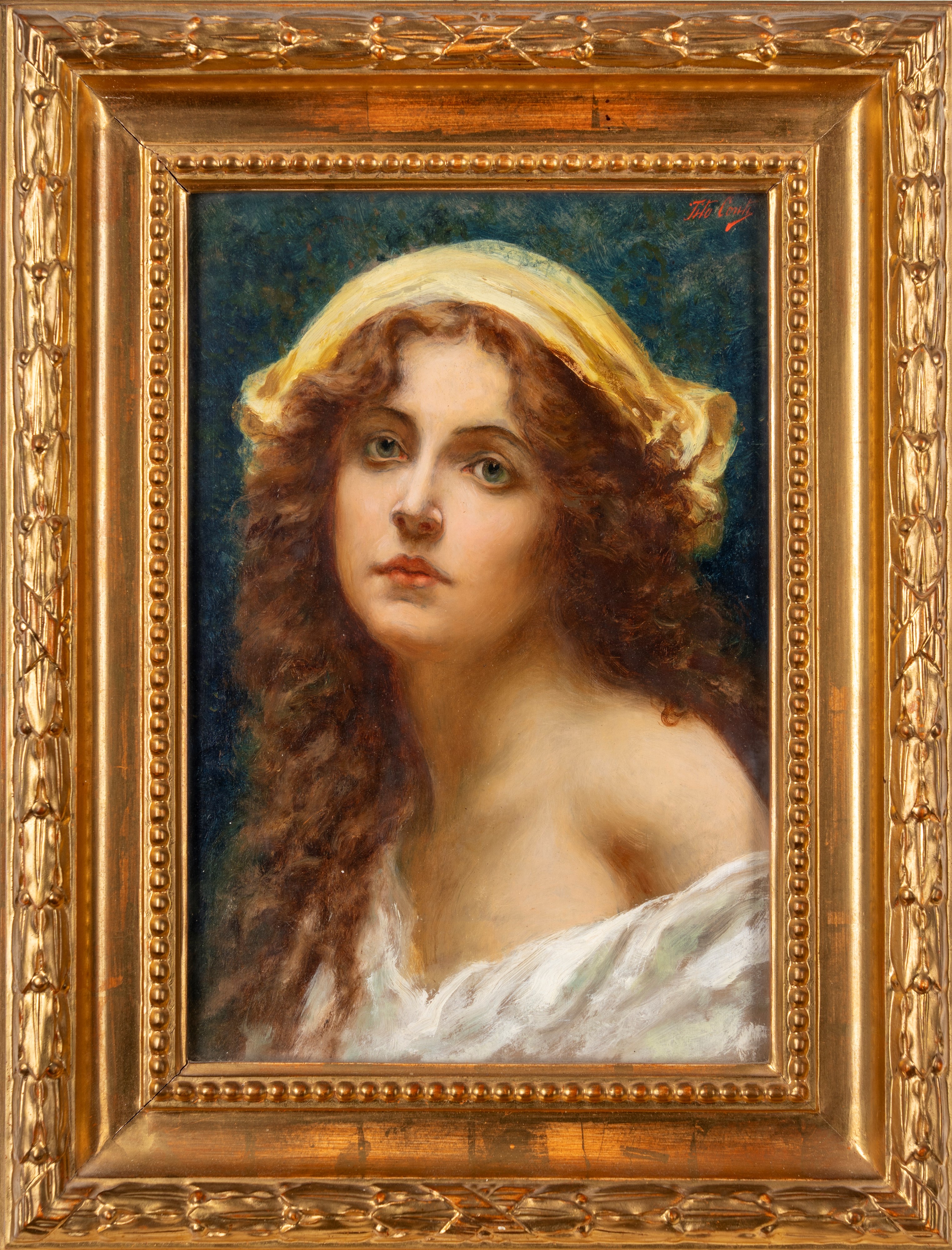 Tito Conti - Ritratto di Giovane Donna con Foulard Giallo