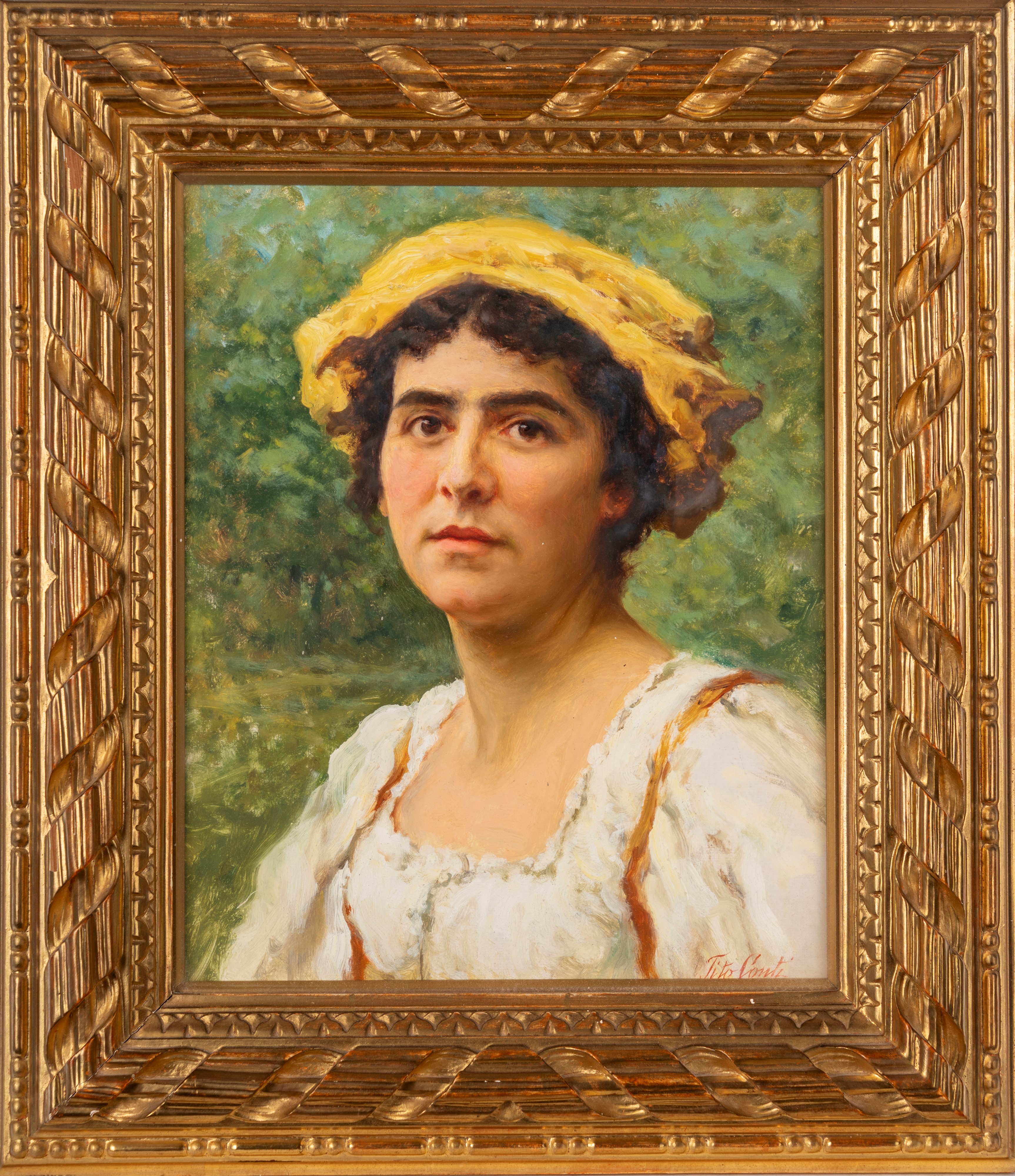 Tito Conti - Ritratto di Donna con Copricapo Giallo
