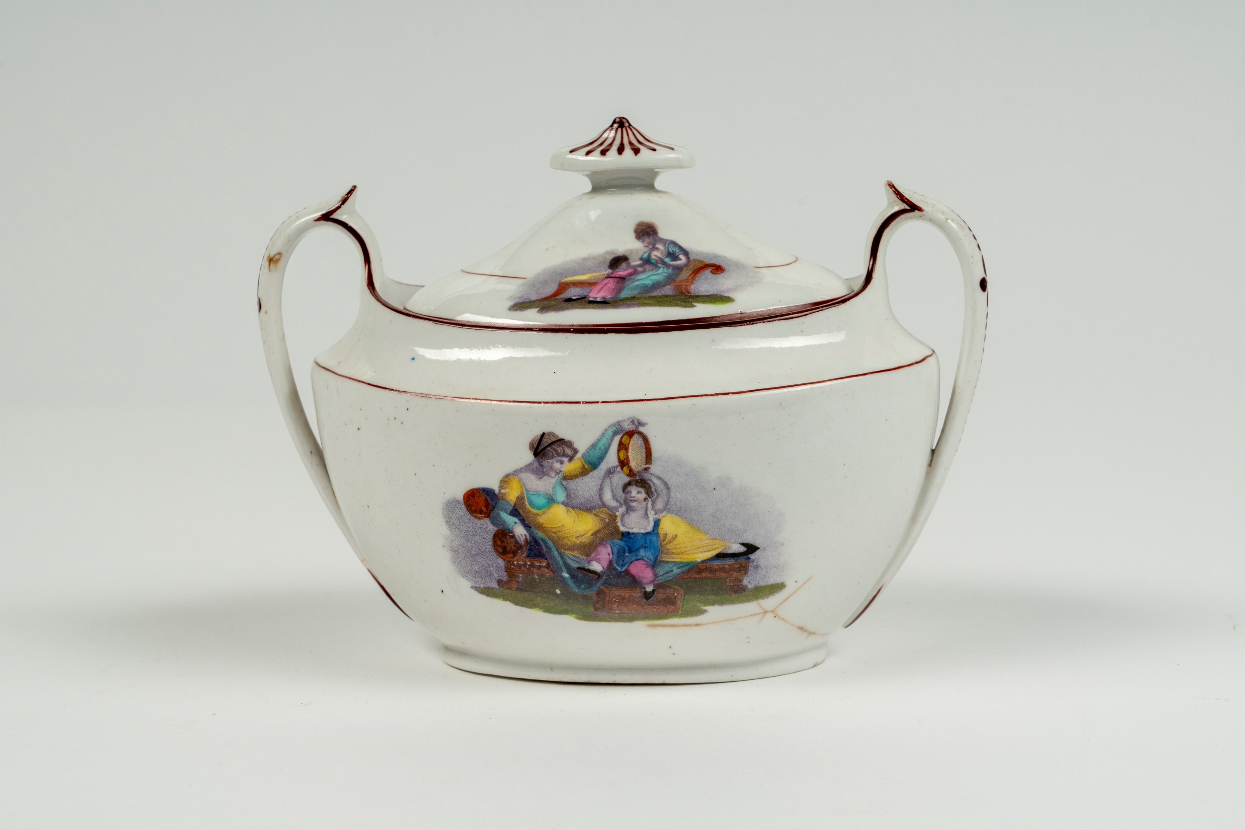 Adam Buck, Tazza con piattino e zuccheriera in porcellana con scena neoclassica Regency