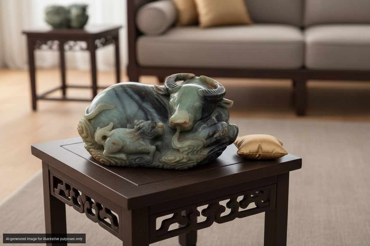 Intaglio in giada marezzata e con russet raffigurante bufalo accovacciato con cane di Fo. Cina, s...