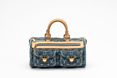 Borsa Neo Speedy, tela monogram denim con profili in cuoio e dettagli in metallo dorato