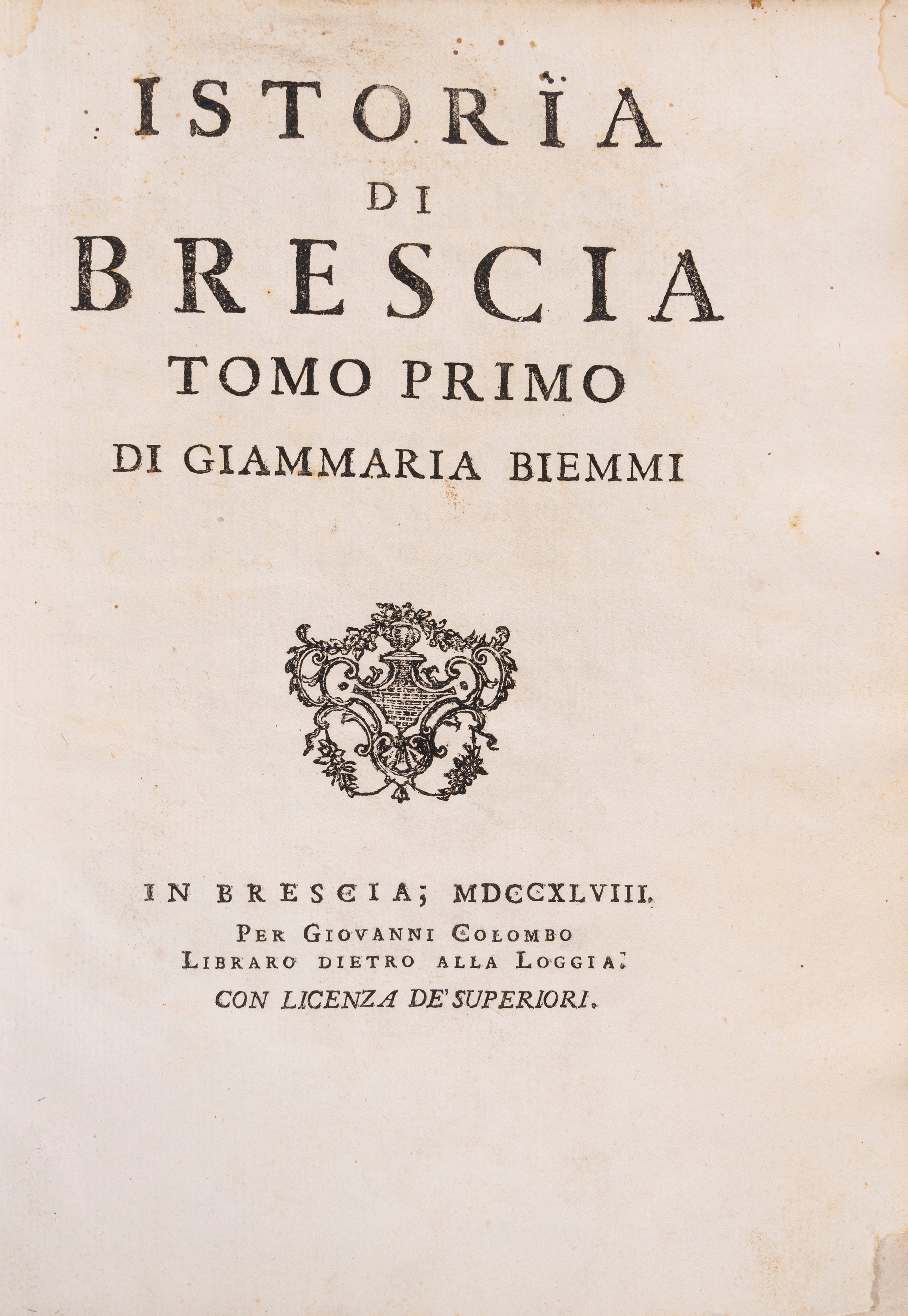 Giammaria Biemmi - Istoria di Brescia (1748-49), due volumi in quarto