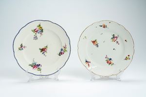 Two porcelain plates with shaped and gilt rim, decorated in polychrome with scattered flowers. One Paris, Clignancourt, circa 1790, the other probably Vincennes, circa 1750.