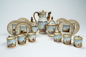 Gilt and polychrome porcelain coffee service, comprising coffee pot, sugar bowl, milk jug and six cups with saucers. Meissen manufacture, Marcolini period (1774–1814)