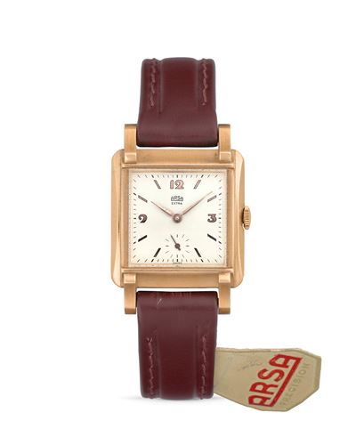 Orologio Cioccolatino, cassa quadrata in oro rosa 18k, anni '40