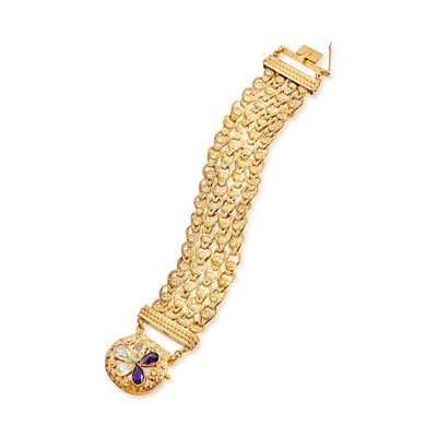 Bracciale in oro giallo 18k con maglie snodate e pietre colorate