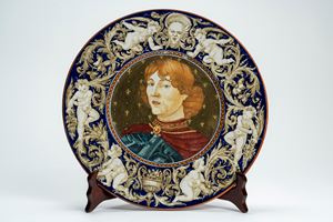 Piatto da parata in maiolica policroma a grottesche con ritratto di Botticelli. Fabbrica Castellini e Masini, Faenza, prima metà secolo XX