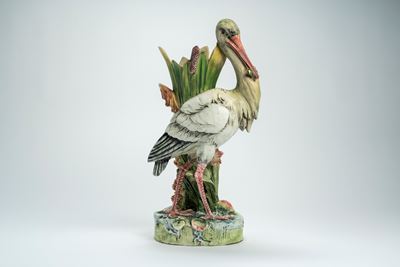 Grande Vaso Portafiori in Ceramica Policroma a Forma di Airone con Ranocchia Accanto a Foglie e C...