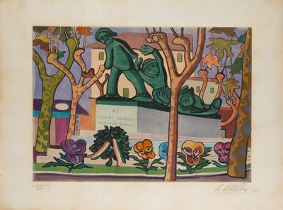 Ai poveri caduti, acquaforte acquatinta a colori, 1956